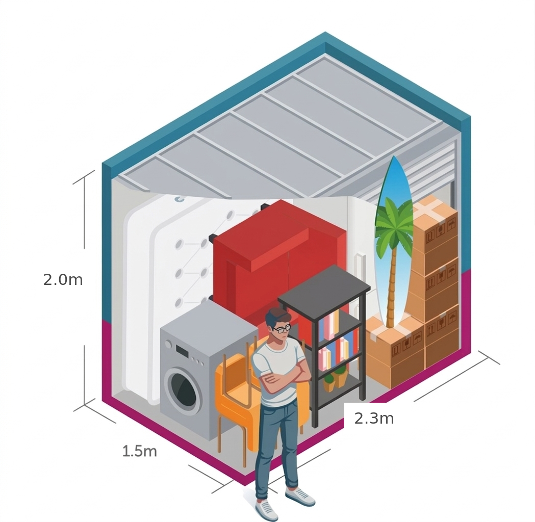 Ezebox internal dimensions: 2.3m L × 1.5m W × 2.0m H